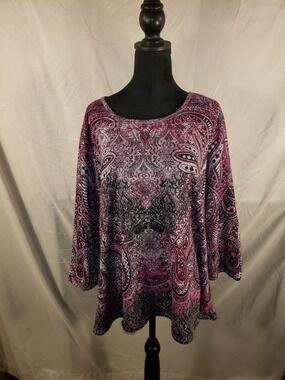 Kim Rogers Pink and Black Paisley Long Sleeve Tunic - 1X